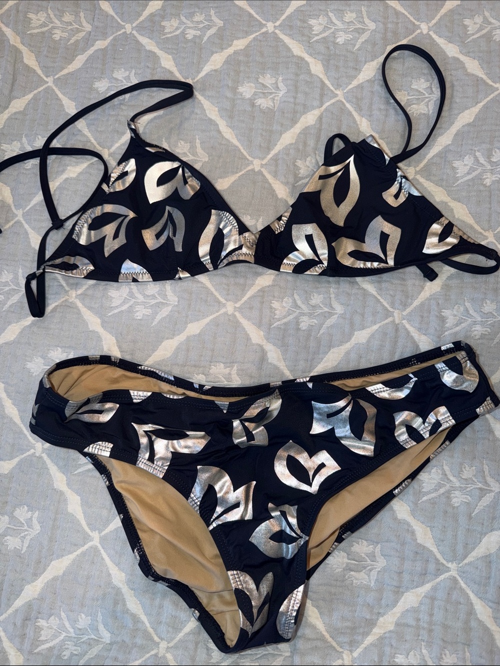 J. Crew Navy Swim Bottoms with Metallic Silver Leaf Print
